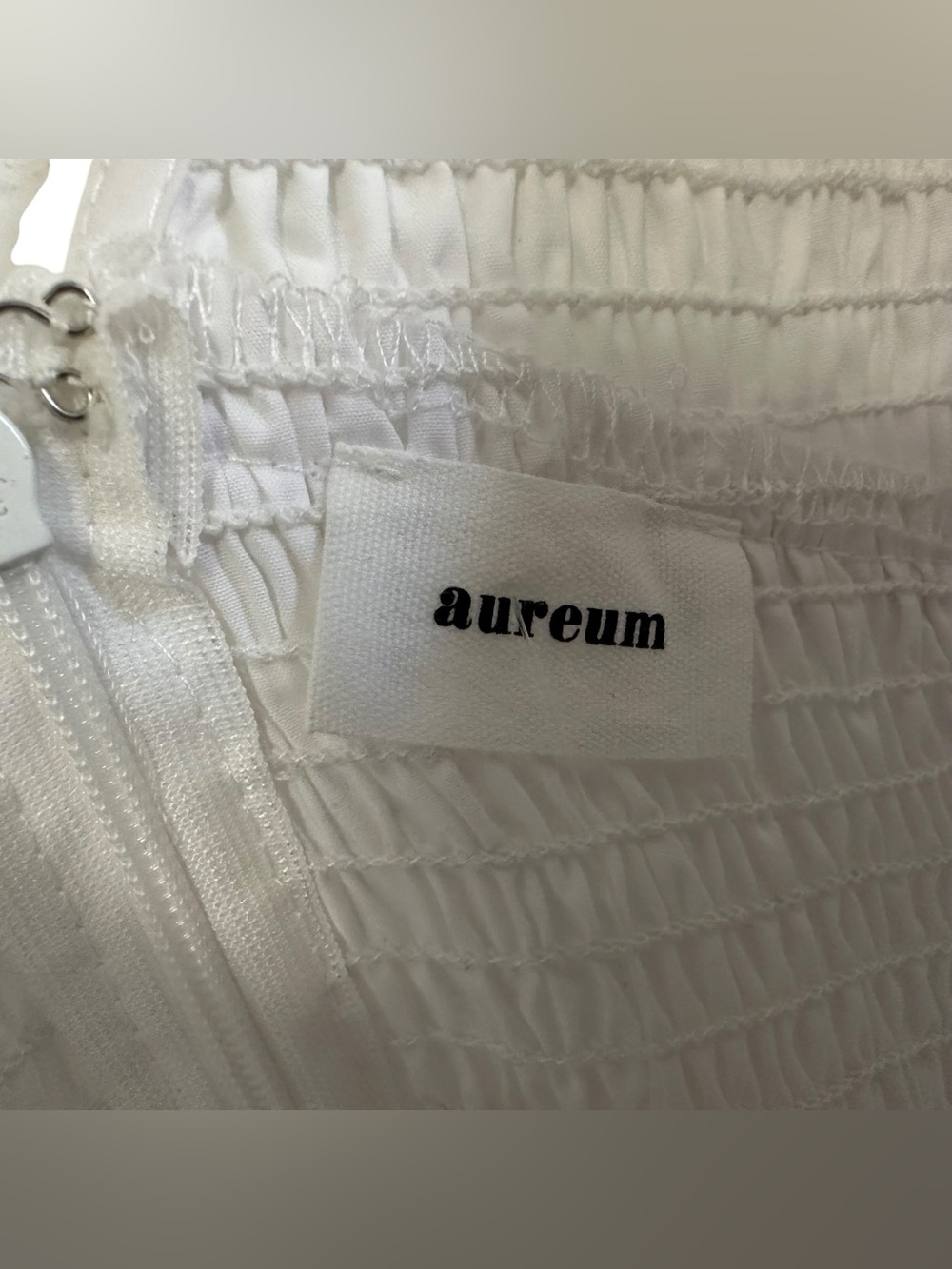 AUREUM Womens Smocked Puff Sleeve Mini Dress Sz Medium White Lined V Neck - Picture 7 of 10